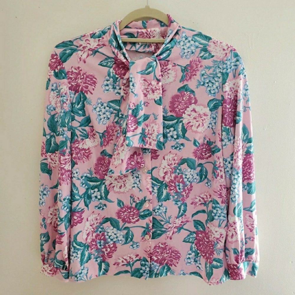 Vintage Tie-bow Floral Print Button Front Long Sleeve Blouse Pink Green - Picture 6 of 11